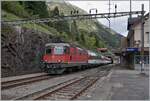 The SBB Re 4/4 II 11195 it with the Gotthard Panoramo Express on the way from Lugano to Flüelen - (Arth Goldau) and passes through Wasen train station.

Oct 19, 2023