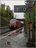 It's raining by the arriving on the SBB Re 460 015-1 with his IR in Vevey on the platform 1. 
19. April 2012