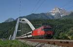 The SBB RE 460 036-7 with his IR on the way to Geneva Airport on new  Massogex Bridge  between St Maurice and Bex.