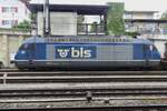 BLOS 465 014 still was blue when seen at Spiez on 29 May 2019. Since all BLS Class 465 are either in the new apple green of wear an advertising livery, pictures of old style blue 465s are no longer possible to make.