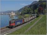 The SBB Re 6/6 116665 (UIC 91 85 4620 065-3 CH-SBBC) is wiht a Cargo Train on the way to Villeneuve; in the background: The Castle of Chillon. 

16.04.2020