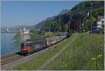 The SBB Re 620 061-2  Gampel-Steg  with a Cargo train by the Castle of Chillon.