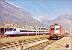 A CIS ETR 470 to Milano is arriving at Domodossola. 

Analog picture from the Spirng 1998