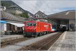 Change of the locomotives by the Glacier Express in Disentis: The MGB HGe 4/4 II N° 4 is leaving Disentis with his Glacier-Express to Zermatt.