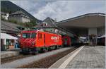 Change of the locomotives by the Glacier Express in Disentis: The MGB HGe 4/4 II N° 4 is now ready to deprature with his Glacier-Express to Zermatt.