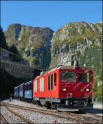 The MGB diesel locomotive HGm 4/4 N 61 with heritage DFB cars photographed in Gletsch on September 16th, 2012.
