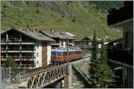 A GGB train on the way to the Gornergrat is leaving Zermatt.