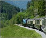The Goldenpass classic train is running between Chteau d'Oex  and Rossinire in May 25th, 2012.