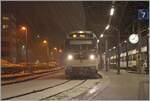 During a short but heavy snowfall, the CEV MVR SURF GTW ABeh 2/6 7502  Blonay  is waiting in Vevey for his  departure to Blonay.