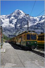 Two WAB Beh 4/8 on the way to Lauterbrunne by his stop in the Wengeralp.