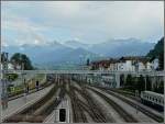 The entrance to the station of Spiez with the tracks from Interlaken and from the Ltschberg photographed at July 28th, 2008.