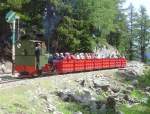 2 ft gauge steam engine  Liseli  (Jung No 1693, built 1911) in service on the high alpin panoramic railway of  Parc d'Attractions du Chatelard (VS)  in Switzerland. Special train  rolling alpin snackeria  on its way to the station  Pied du Barrage , crossing the forest section. 16 June 2007