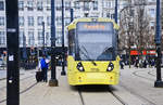 Manchester Metro Link Tram 3018 (Bombardier M5000) at Piccadilly Gardens.