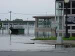 Various The Burlington, Iowa depot during the flood of 2008. The freight yard is completely covered with water behind the depot.