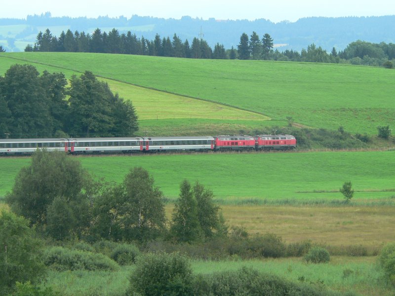 Two class 218 locomotives with an Eurocity near Wangen im Allgu, 2006
