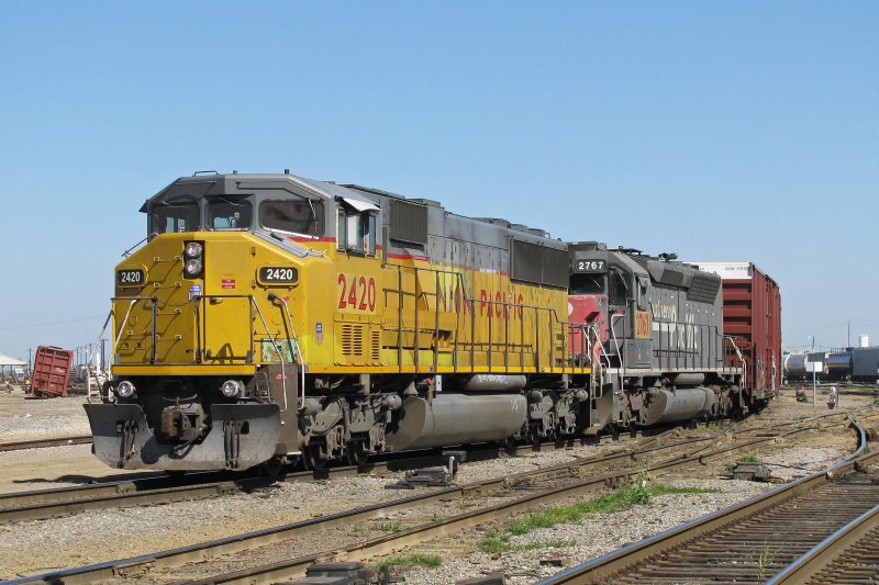 Two Union Pacific engines are standing with a freight train in a yard in Houston (Texas). 26.02.2008.
