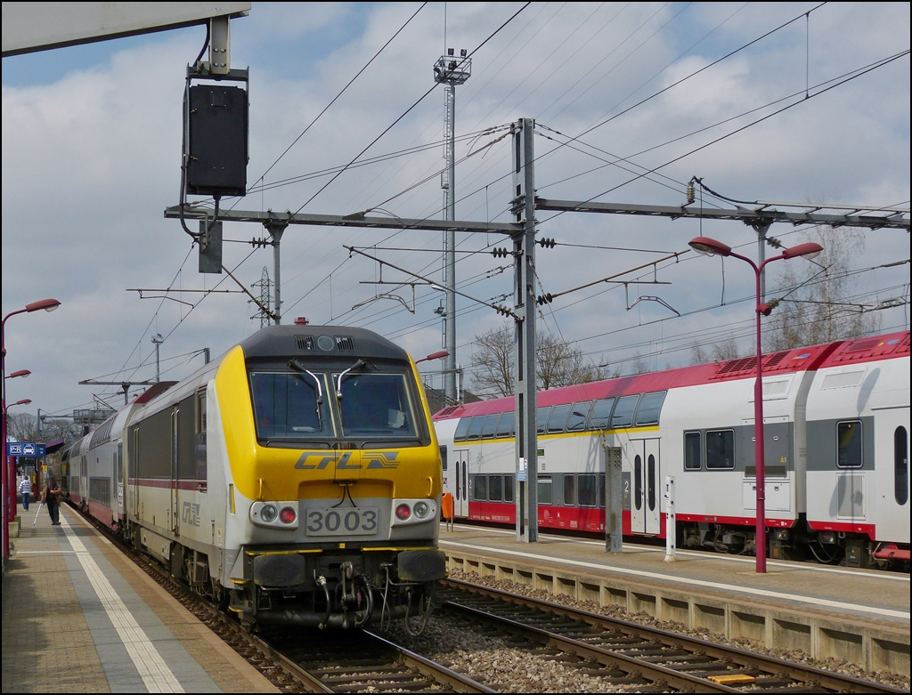 . 3003 with bilevel cars photographed in Rodange on April 20th, 2013.