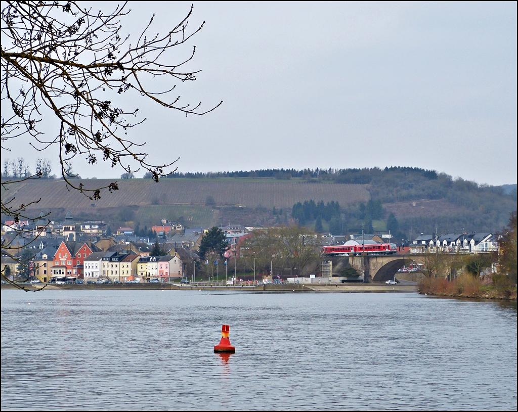 . A local train to Trier is running on the Sre Bridge in Wasserbillig on April 8th, 2013.