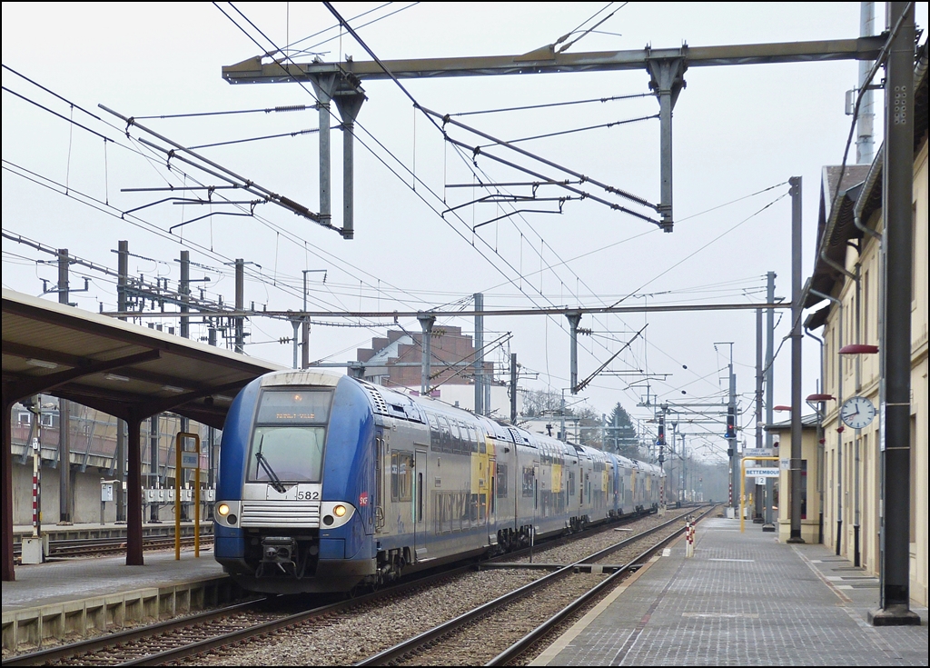 . A TER train to Nancy Ville is running through the station of Bettembourg on April 5th, 2013.