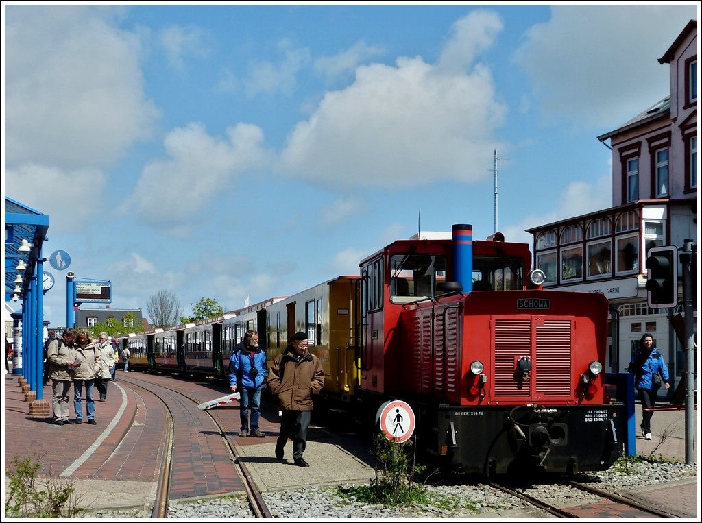 . A train headed by the locomotive  Aurich  of the Borkumer Kleinbahn pictured in Borkum on May 12th, 2012.