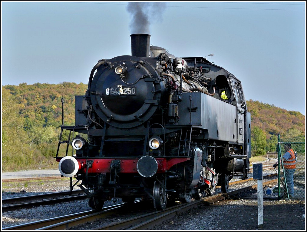 . The steam engine  Bubikopf  64.250 is entering into the station of Mariembourg on September 27th, 2009.