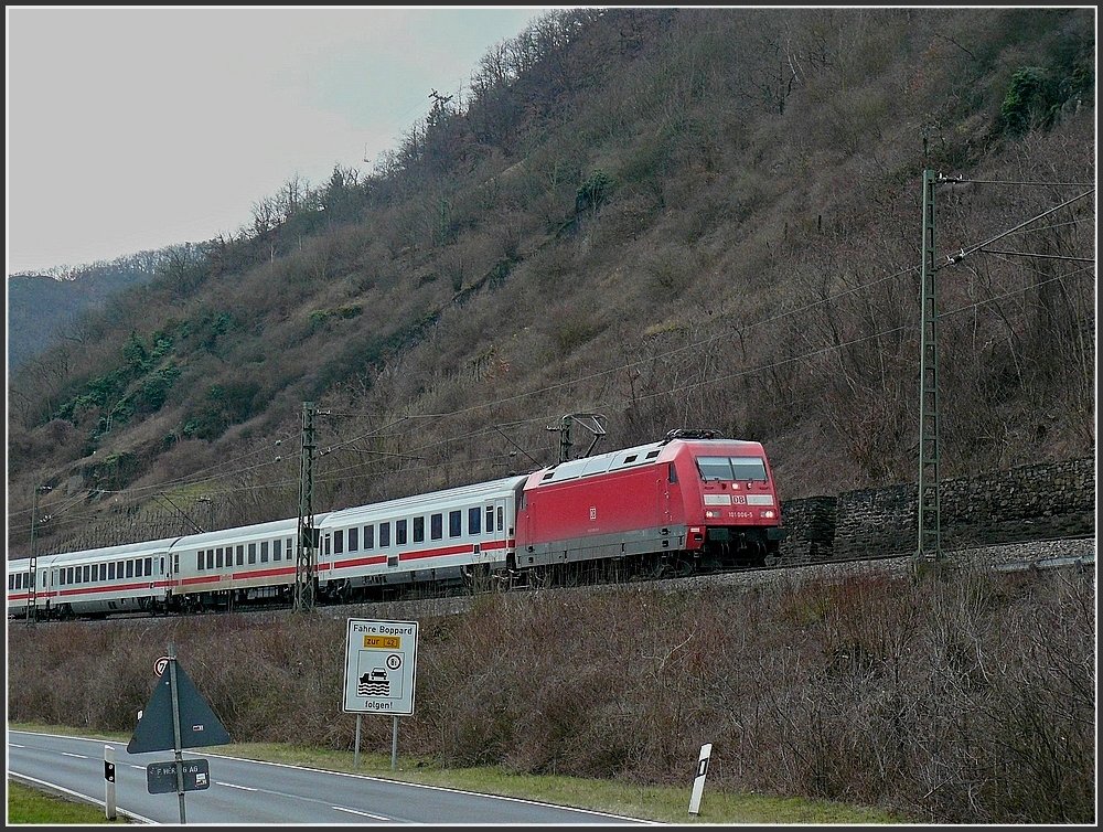 101 006-5 with IC wagons pictured in the Rhine gorge near Boppard on March 20th, 2010.