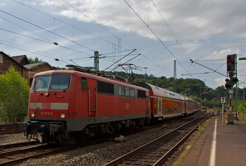 111 079-0 with RE 9 (Rhein-Sieg-Express) Aachen - Cologne - Siegen on 03.08.2012 at the entrance to the station Betzdorf (Sieg).