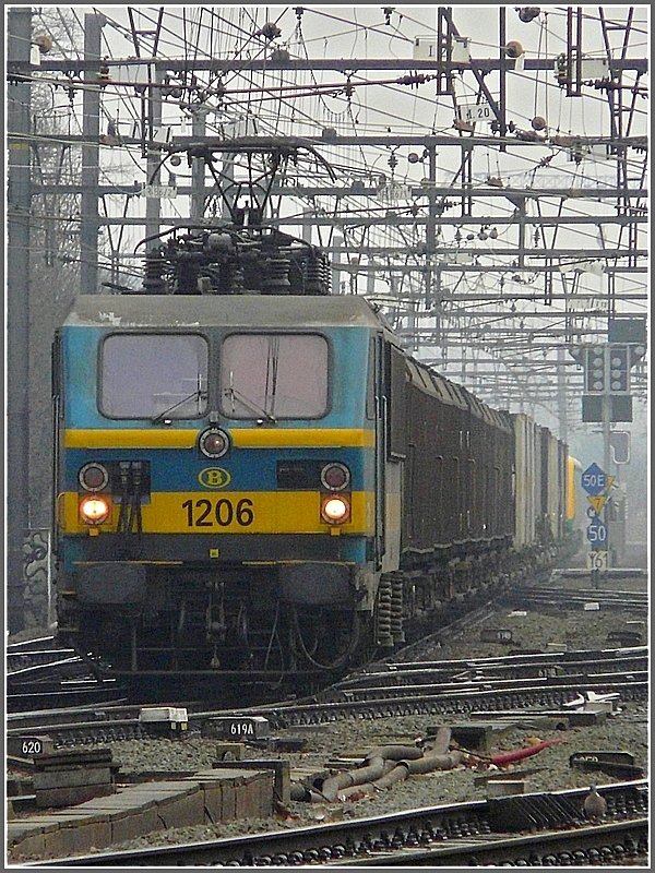 1206 is heading a goods train at Gent Sint Pieters on February 27th, 2009.