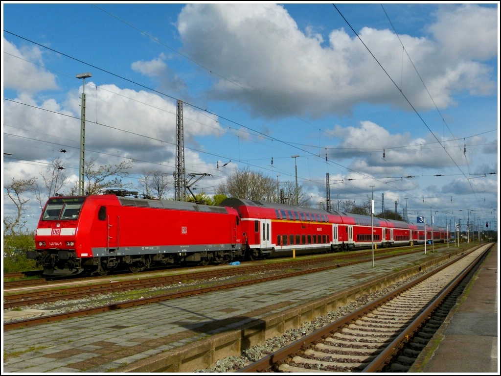 146 104-5 with bilevel cars photographed in Norddeich on May 5th, 2012.