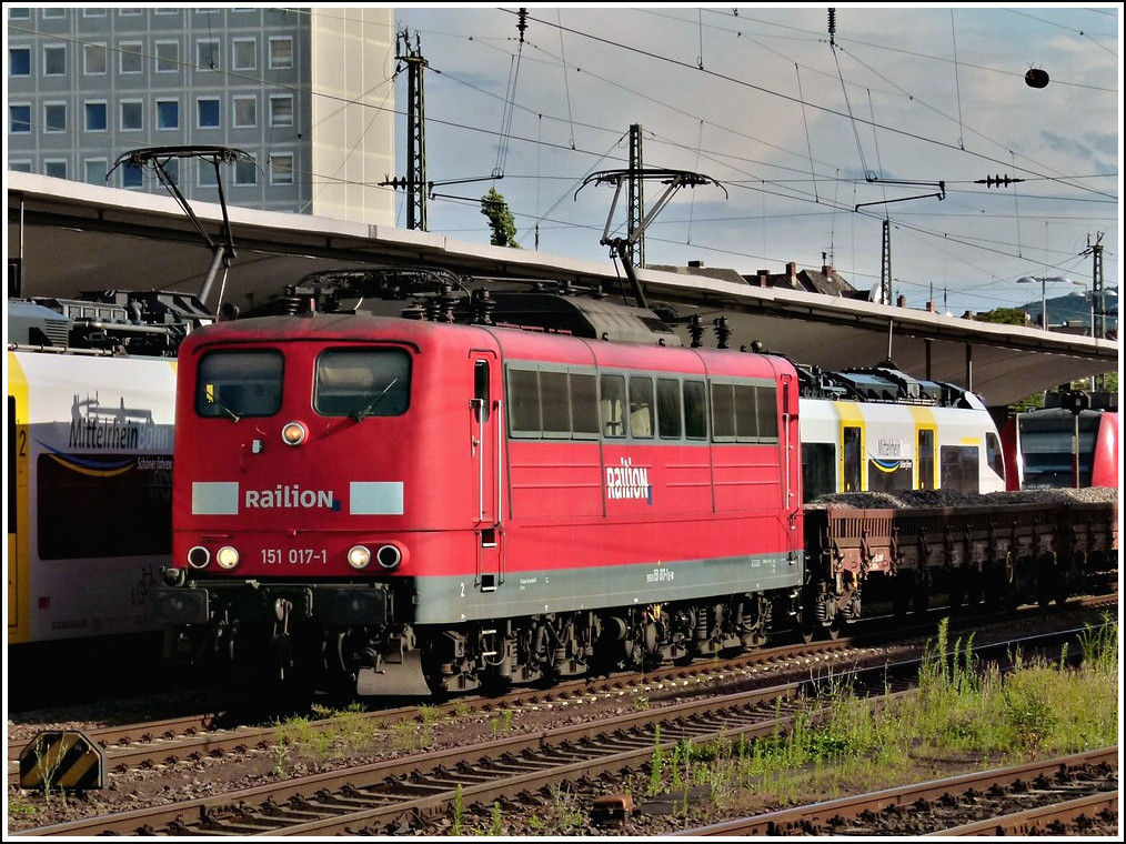 151 017-1 is hauling a freight train through the main station of Koblenz on June 23rd, 2011. 