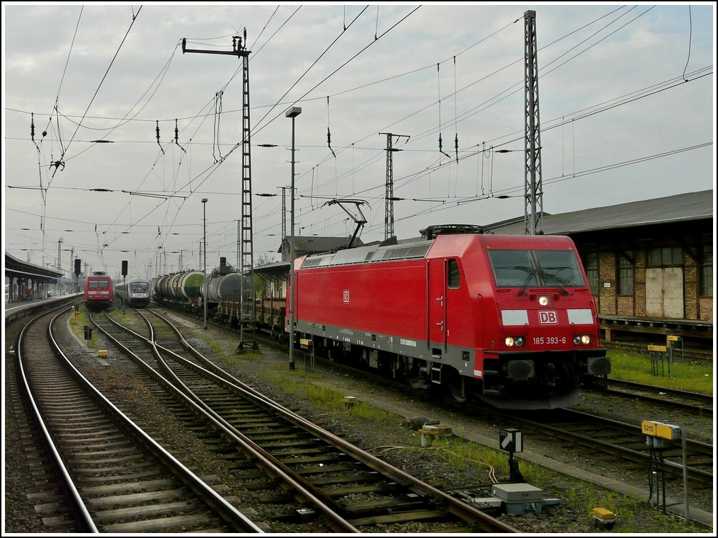 185 393-6 is hauling a freight train through the station of Stralsund on September 22nd, 2011.