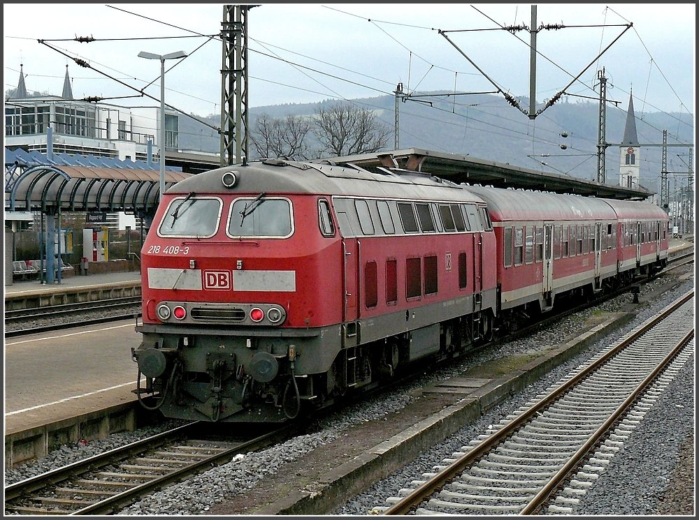 218 408-3 of the Hunsrck Railway pictured at Boppard on March 20th, 2010.