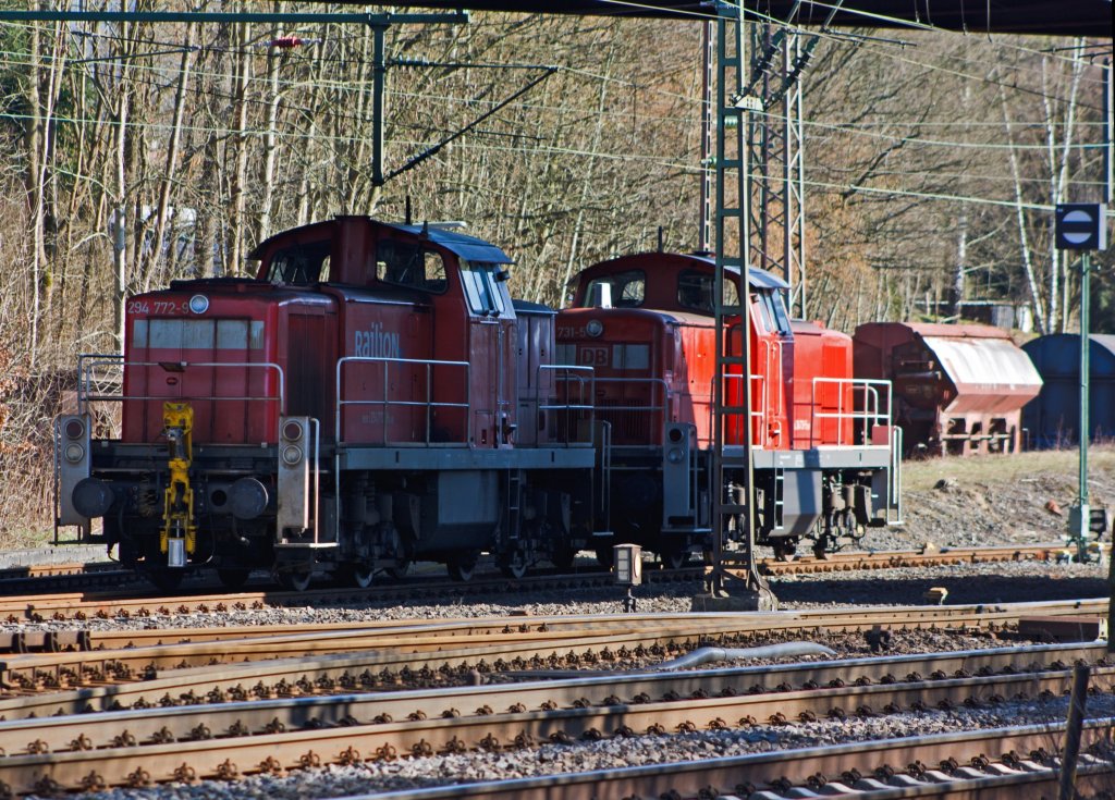 294772-9 and 294731-5 (V 90 repowers) of the DB Schenker Rail Deutschland AG on 19.03.2011 parked in Kreuztal (Germany).