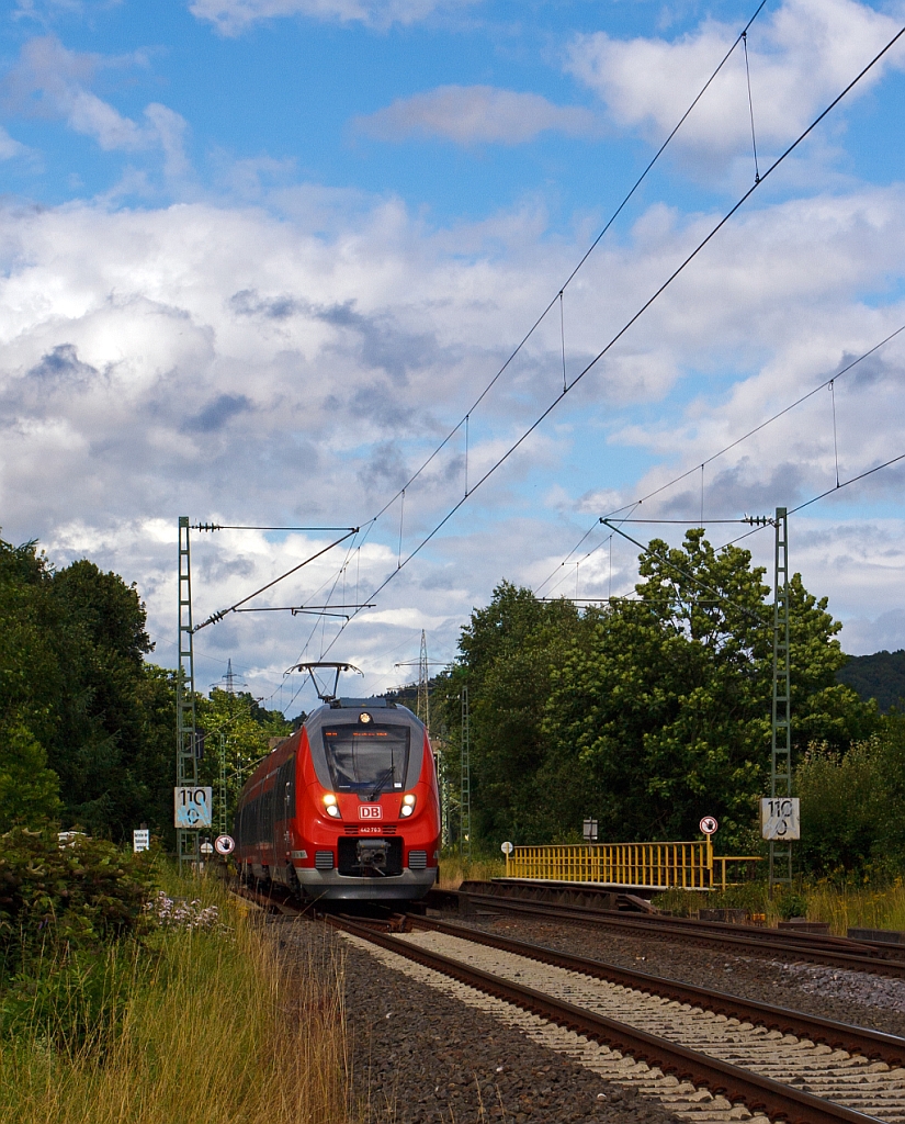 442 263 and 442 257 two coupled 4 pieces  Talent 2  as RE 9 (rsx - Rhein-Sieg-Express) Siegen - Cologne -  Aachen on 08.07.2012 here in Siegen-Eiserfeld and runs in the direction of Cologne.