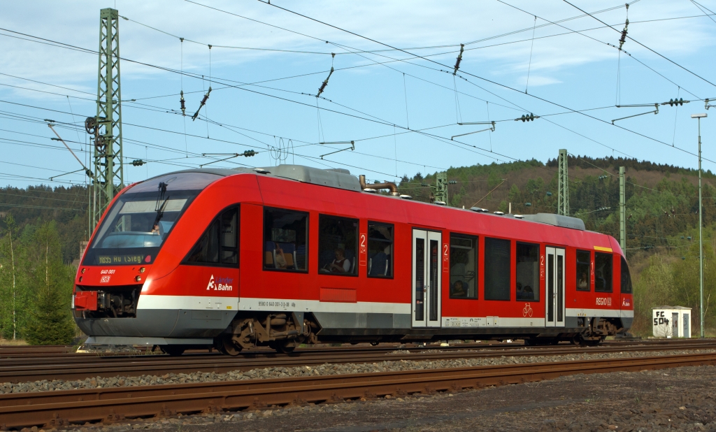 640 001 (LINT 27) of the 3-country train as RB 95 (Siegen - Au/Sieg), runs on 28.04.2012 by Betzdorf/Sieg, in the direction of Au/Sieg.