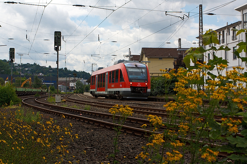 640 004 (LINT 27) of the 3-Länder-Bahn  as RB 93 (Rothaarbahn) to Bad Berleburg, runs here on 10.07.2012 from Siegen-Weidenau in the direction Kreuztal.