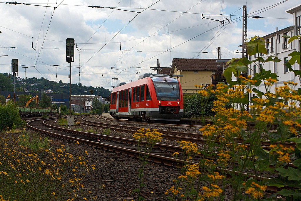 640 004 (LINT 27) of the 3-Lnder-Bahn  as RB 93 (Rothaarbahn) to Bad Berleburg, runs here on 10.07.2012 from Siegen-Weidenau in the direction Kreuztal.