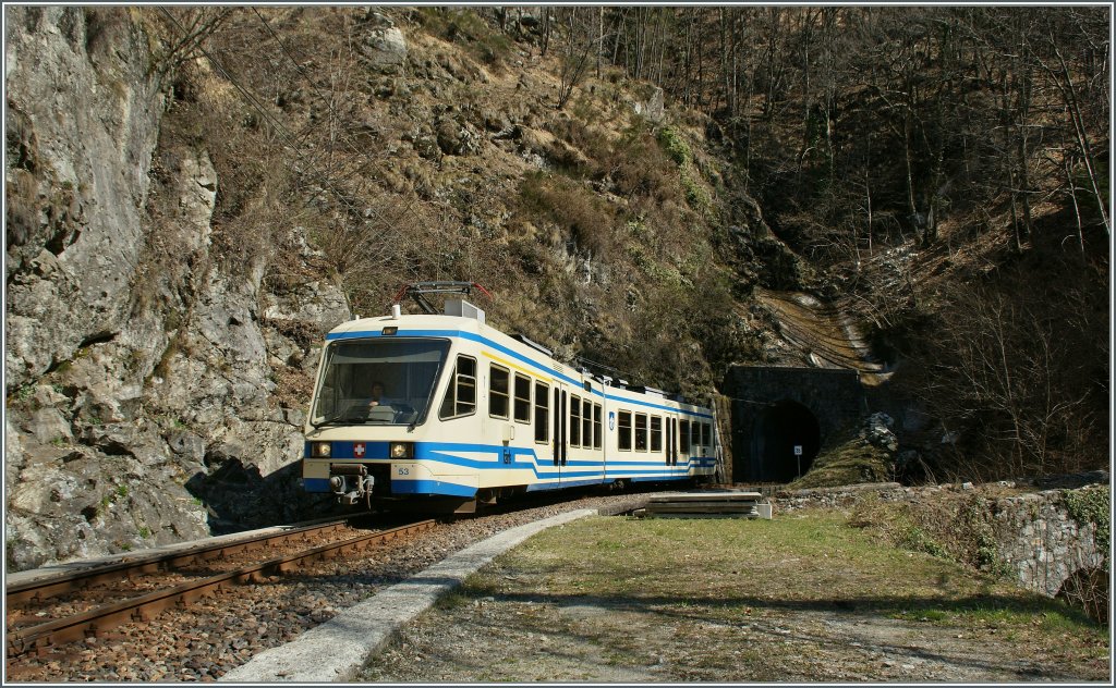 A Centovalli FART Train on the way to Camedo near Verdasio. 
24.03.2011