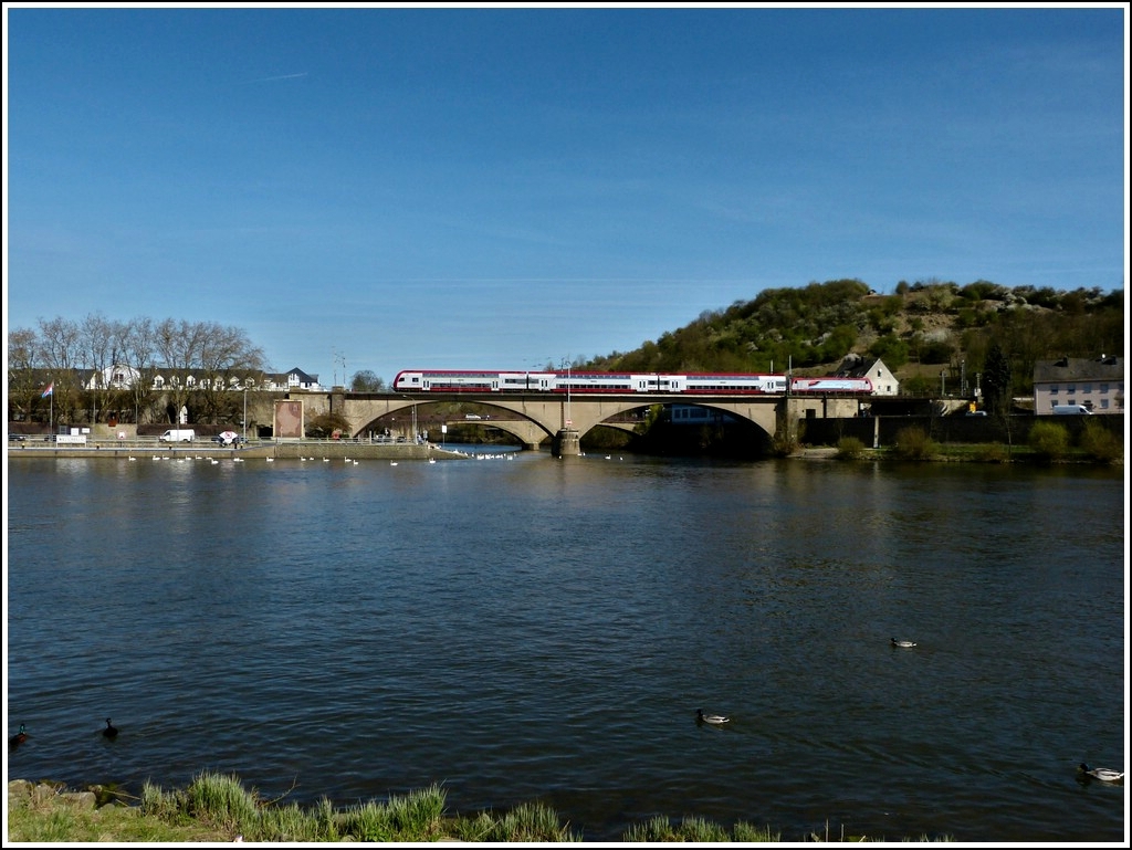 A CFL push-pull train is running over the Sre bridge in Wasserbillig on its way from Luxembourg City to Trier on April 1st, 2012.