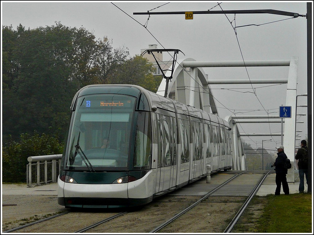 A Citadis tram is running over the Ill bridge in Strasbourg on October 29th, 2011.