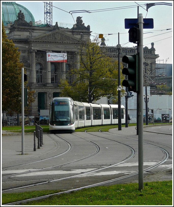 A Citadis tram is running on the Place de la République in Strasbourg on October 30th, 2011.