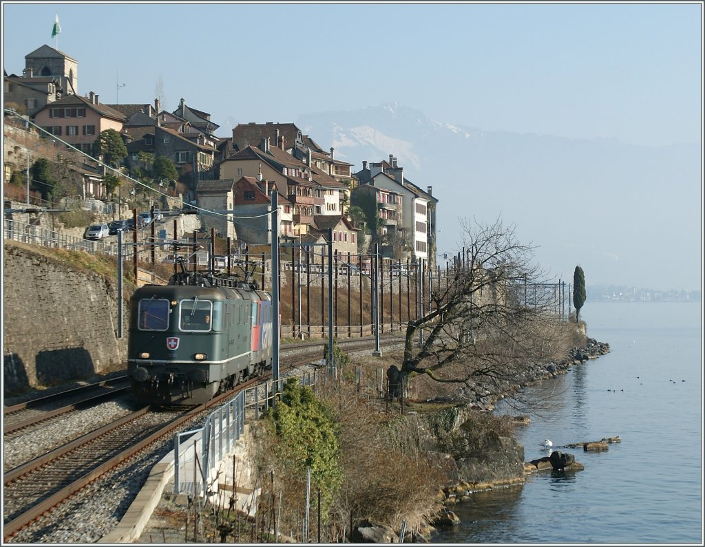 A green Re 4/4 II and a other one by St-Saphorin on the way to Lausanne. 

21.01.2011