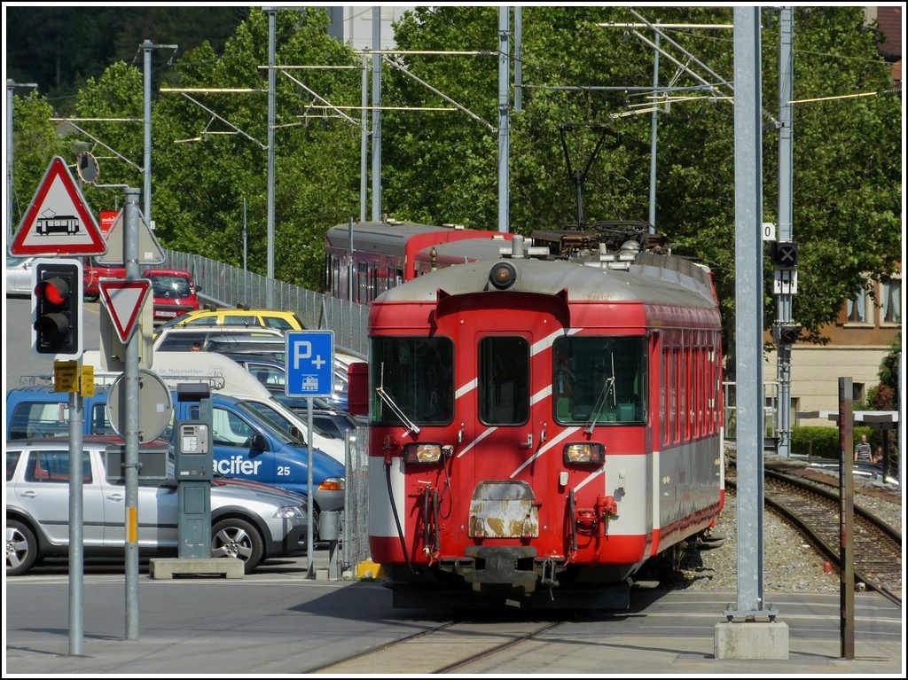 A MGB local train from Andermatt is arriving in Brig on May 28th, 2012.