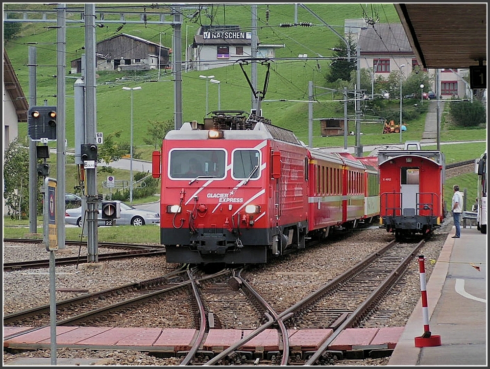 A MGB local train is arriving at Andermatt on August 2nd, 2007.