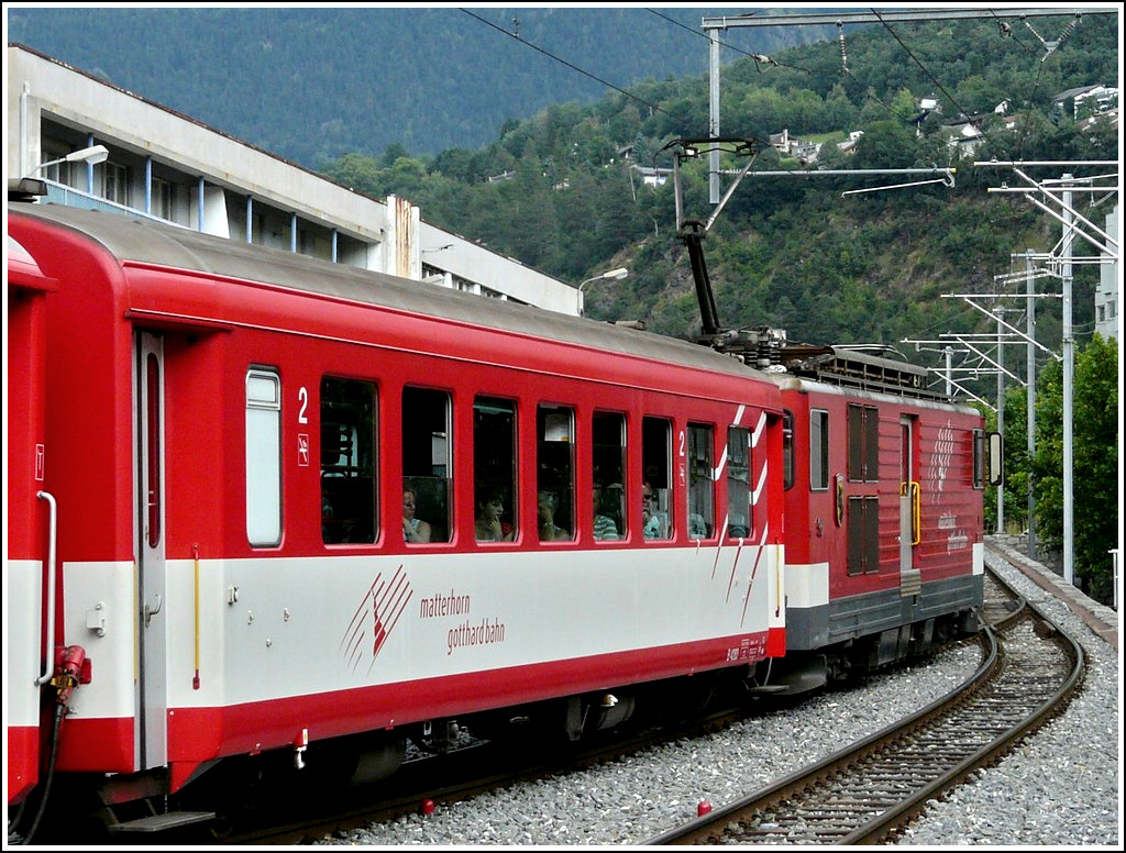 A MGB local train is leaving the station of Brig on July 31st, 2008.