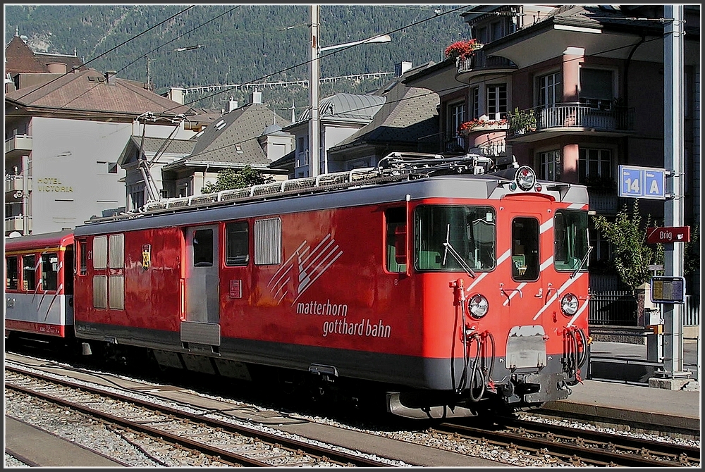 A MGB local train to Zermatt is leaving the station of Brig on July 30th, 2007.