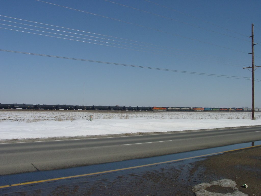 A mixed freight with 9 BNSF dieselloks is finally over the hill and now picking up speed as it heads west with a near 200 car consist. 3 Mar 10