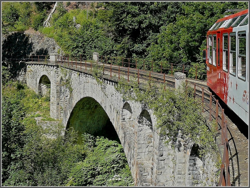A Mont-Blanc Express BDeh 4/8 (SNCF Z 800) is crossing over one of the many bridges on its way from Martigny (CH) and Vallorcine (F) on August 3rd, 2008.