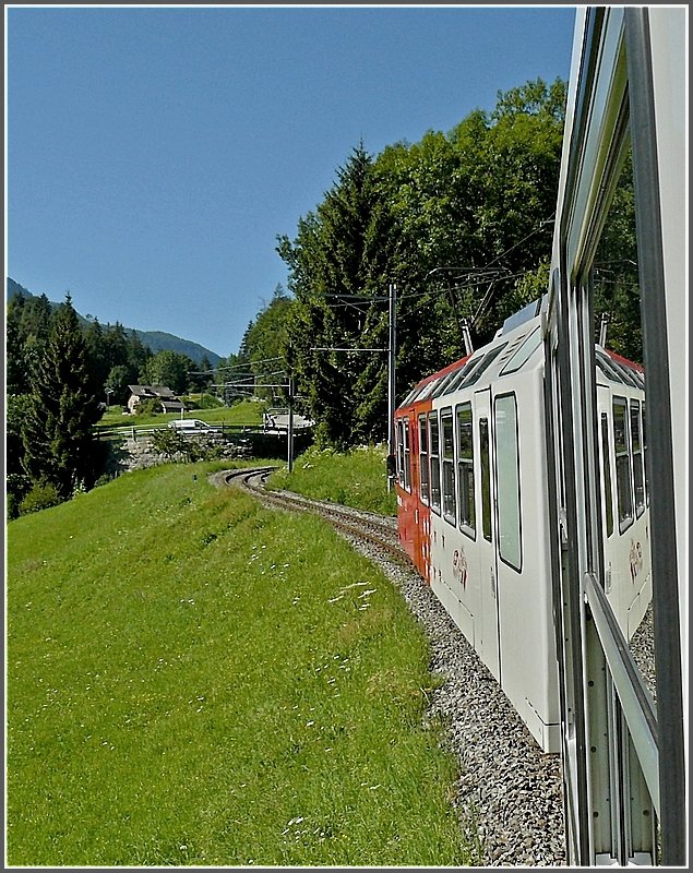 A Mont-Blanc Express BDeh 4/8 (SNCF Z 800) is running between Salvan and Les Marcottes on August 3rd, 2008. 