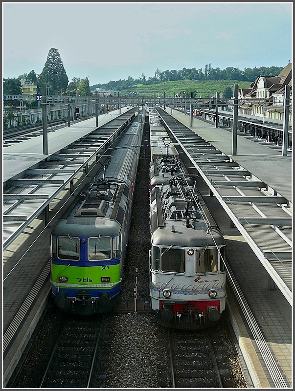 A passenger and a freight train pictured at Spiez on July 29th, 2008.
